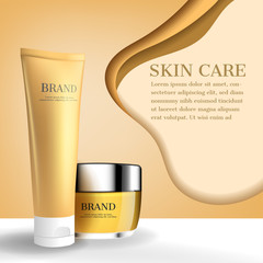 Wall Mural - Skincare ads, cosmetics set on beige background