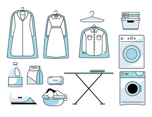 Canvas Print - Dry cleaners or laundry room isolated icons, washing machine and ironing board