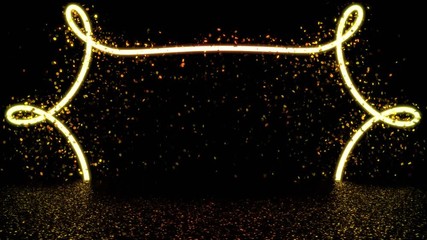 Wall Mural - festive glitter background, gold glitter flying framed by a bright elegant curved light over a gold glitter stage floor, black background, 4k, 3d