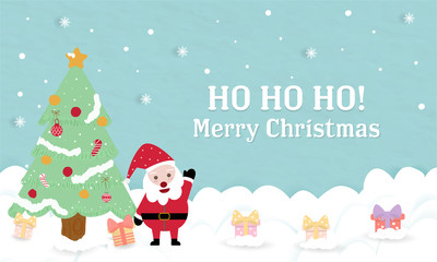 Wall Mural - Sweet Santa Claus stand under Christmas tree with many gift boxes. cute blue pastel paper background cartoon design. White cloud and wording ho ho ho merry happy lovely card banner wallpaper new year.