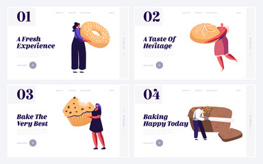 Poster - people and fresh bakery website landing page set. happy male and female characters holding baking pr