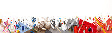 Panoramic View On Sewing Composition With Threads, Fabrics, Scissors, Buttons, Needles And Other Sewing Accessories On White Background. Long Banner, Top View, Copy Space, Flat Lay, Mock Up