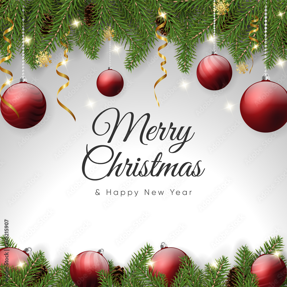 merry christmas greeting card with fir tree border decor. holiday frame ...