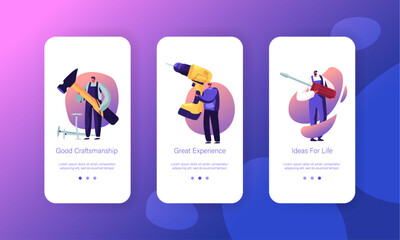 Poster - People with Diy Tools Mobile App Page Onboard Screen Set. Handyman Workers Holding Huge Instruments for Home Renovation Works. Engineer Occupation Website or Web Page, Cartoon Flat Vector Illustration