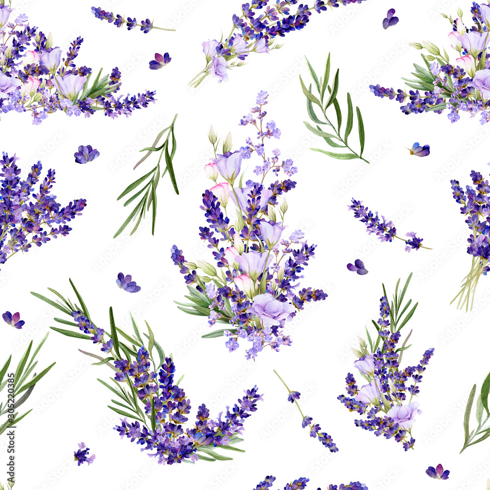 Seamless pattern in a Provence style with lavender flowers, arrangements, leaves and herbs hand drawn in watercolor isolated on a white background.Watercolor illustration.Ideal for wallpaper or fabric - obrazy, fototapety, plakaty 