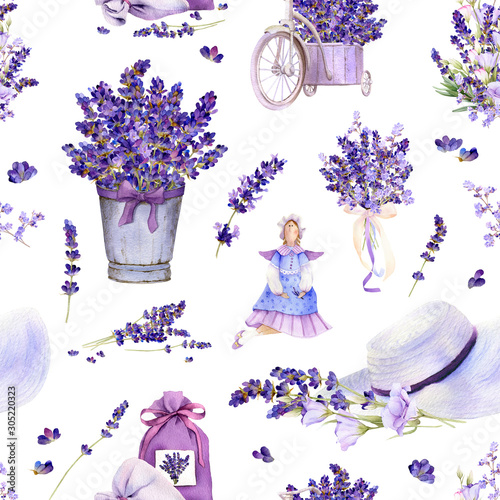 Seamless pattern in a Provence style with lavender flowers, arrangements, bouquets, tilda doll, summer hat, pot hand drawn in watercolor isolated on a white background Poster Mural XXL