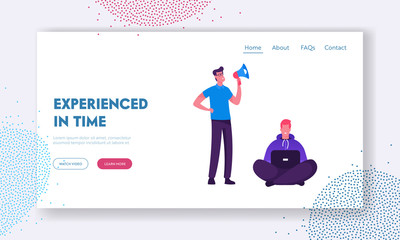 Wall Mural - Overwork Manager Deadline Stress Situation Website Landing Page. Boss Businessman Yelling in Loudspeaker on Man Office Employee Working on Laptop Web Page Banner. Cartoon Flat Vector Illustration