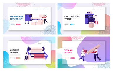 Poster - fiber creating industry website landing page set. employees working on textile manufacturing factory