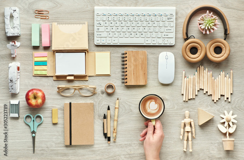 Concept flat lay with modern office supplies from eco friendly sustainable materials. Flat lay on office table without single use plastic to reduce single use disposable plastic waste at workplace.