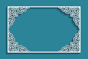 Wall Mural - Rectangle frame with lace corner patterns, cutout paper ornament, template for laser cutting, elegant decoration for wedding invitation or name place card design