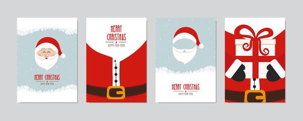 Poster - Cute santa claus card set. Merry christmas and Happy New Year greeting winter snowy background lettering vector. Christmas card set.