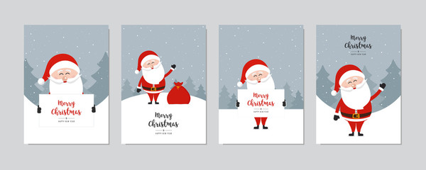 Wall Mural - cute santa claus card set. merry christmas and happy new year greeting winter snowy background lette