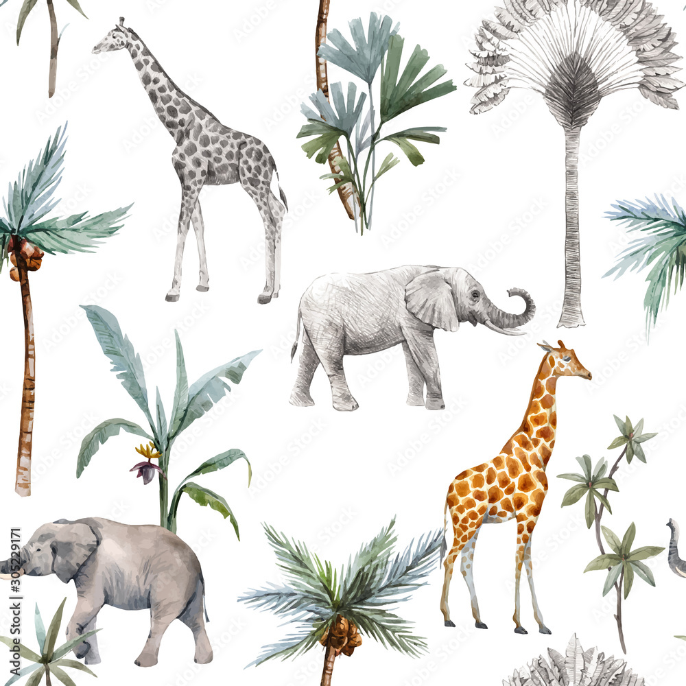 Papel de parede Watercolor vector seamless patterns with safari animals and palm trees