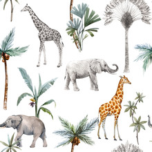 Watercolor Vector Seamless Patterns With Safari Animals And Palm Trees. Elephant Giraffe.