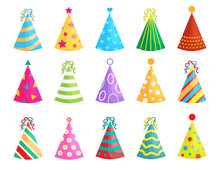 Set Of Birthday Party Hats Isolated On White Background. Vector Party Cones With Cute Decoration. Christmas Caps Collection.