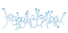 Cheerful Crowd Cheering Illustration. Hands Up. Group Of Applause People Continuous One Line Vector Drawing.