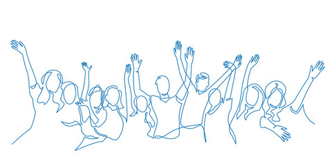 cheerful crowd cheering illustration. hands up. group of applause people continuous one line vector 