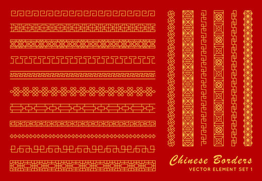 asian border set in vintage style on red background. traditional chinese ornaments for your design. 
