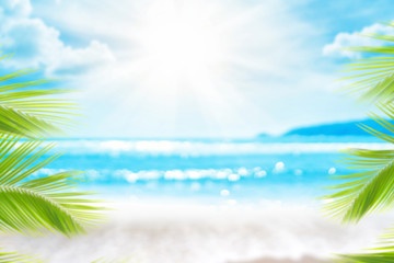 Wall Mural - blur beautiful nature green palm leaf on tropical beach with bokeh sun light wave abstract backgroun