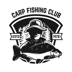 Wall Mural - Fishing camp. Emblem template with carp fish. Design element for logo, label, sign, poster. Vector illustration