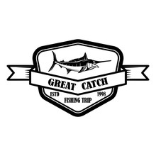 Great Catch. Emblem Template With Marlin. Design Element For Logo, Label, Sign, Poster. Vector Illustration