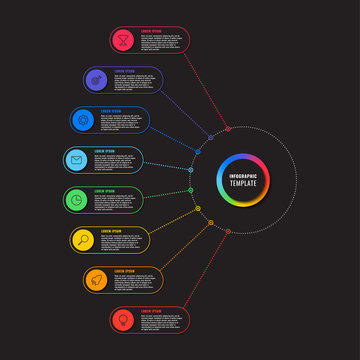 infographic template with eight round elements on black background. modern business process visualisation with thin line marketing icons. vector illustration easy to edit and customize. eps 10