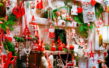 Ceramic Christmas Tree Decorations on Christmas Market at Gendarmenmarkt in Winter Berlin, Germany. Advent Fair Decoration of Ceramics, and Stalls with Crafts Items in Bazaar.