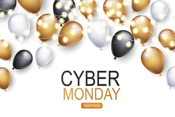 Wall Mural - Cyber Monday Sale banner design template. Big sale advertising promo concept with balloons, glowing garland and typography text. Vector illustration.
