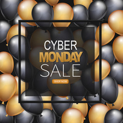 Wall Mural - Cyber Monday Sale banner design template. Big sale advertising promo concept with balloons, shop now button, and typography text in a frame. Vector illustration.