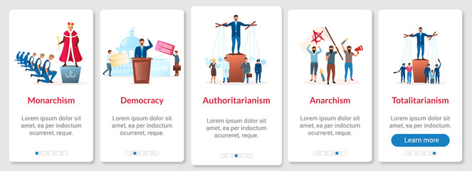 Poster - Political systems metaphors onboarding mobile app page screen vector template. Forms of regimes. Walkthrough website steps with flat characters. UX, UI, GUI smartphone cartoon interface concept