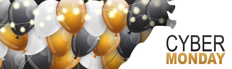 Wall Mural - Cyber Monday banner with shiny balloons and glowing lights garland. Vector illustration.