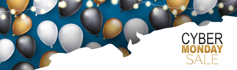 Wall Mural - Cyber Monday banner or newsletter header with shiny balloons and glowing lights garland on blue background. Vector illustration.