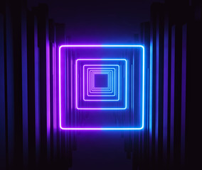 Poster - Sci Fi Futuristic Glowing violet and blue neon lights tunnel abstract background. vibrant colors. technology concept. 3d rendering
