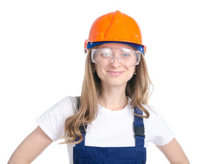 Wall Mural - Woman builder with work helmet, protective glasses on white background isolation