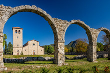 San Vincenzo Al Volturno, A Benedictine Monastery In Castel San Vincenzo And Rocchetta A Volturno. The New Abbey. The Remains Of Walls Of An Ancient Building, With A Series Of Stone Arches.