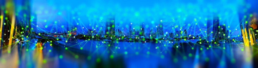 Fototapete - Wireless network and Connection technology concept with Abstract Bangkok city background in panorama view