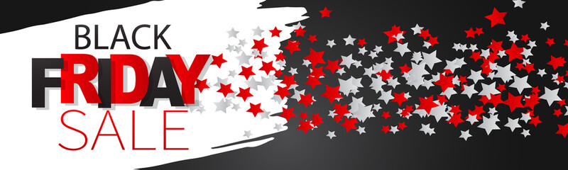 Wall Mural - Black Friday sale banner. Website or newsletter header. Special offer discount. Silver background with pain brush stroke and stars. Vector illustration.
