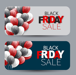 Wall Mural - Black Friday sale banner or card set. Special offer discount. Balloons and stars decor. Vector illustration.