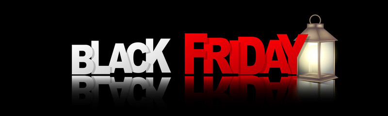 Wall Mural - Black Friday sale banner. Website or newsletter header. Special offer discount. Lettering on dark glass surface with a lantern. Vector illustration.