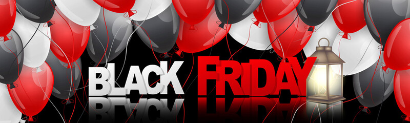 Wall Mural - Black Friday sale banner. Website or newsletter header. Special offer discount.Lettering on dark glass surface with a lantern and balloons. Vector illustration.