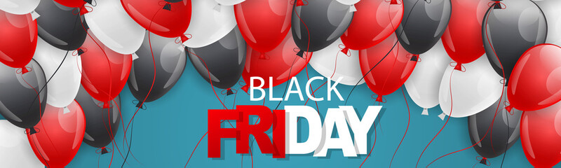 Wall Mural - Black Friday sale banner. Website or newsletter header. Special offer discount.Lettering on blue background with balloons. Vector illustration.