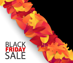 Wall Mural - Black Friday sale banner. Special offer discount. Autumn leaves decoration. Vector illustration.