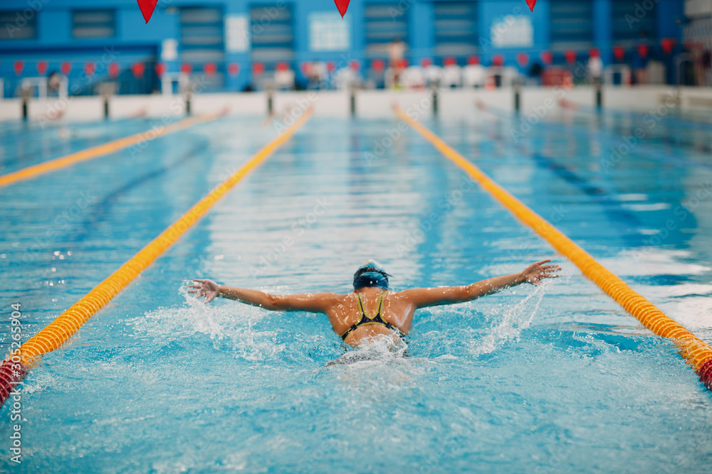 Young woman swimmer swims in swimming pool - obrazy, fototapety, plakaty 