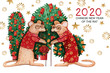 Watercolor Chinese New Year 2020 greeting card with a pair of rats. Hand-drawn grandfather and grandmother rats in red suits and with lanterns in their hands. Tangerine trees with red envelopes