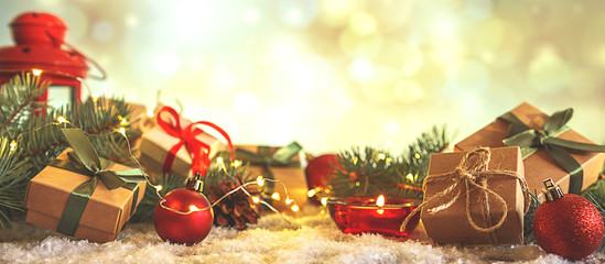 Wall Mural - christmas and zero waste, eco friendly packaging gifts in kraft paper on a wooden table, eco christm