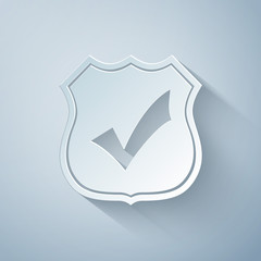Poster - paper cut shield with check mark icon isolated on grey background. protection, safety, security, pro