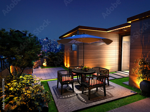 Fotomural 3d render willa house terrace at night