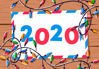 Wall Mural - vector illustration of a christmas garland with an envelope for a letter, on the table, top view