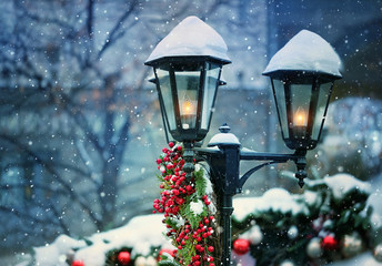 Christmas lantern. Merry Christmas and happy new year concept. beautiful holiday winter decor, snowy landscape. atmosphere winter image. copy space