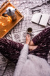 Flatay in winter mood. Woman with planner and cup of coffee flatlay. Home office, lifestyle photo, cosy vibes
